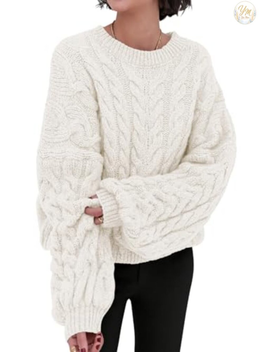 Oversized Chunky Cable Knit Sweater, Long Sleeve Crewneck Pullover